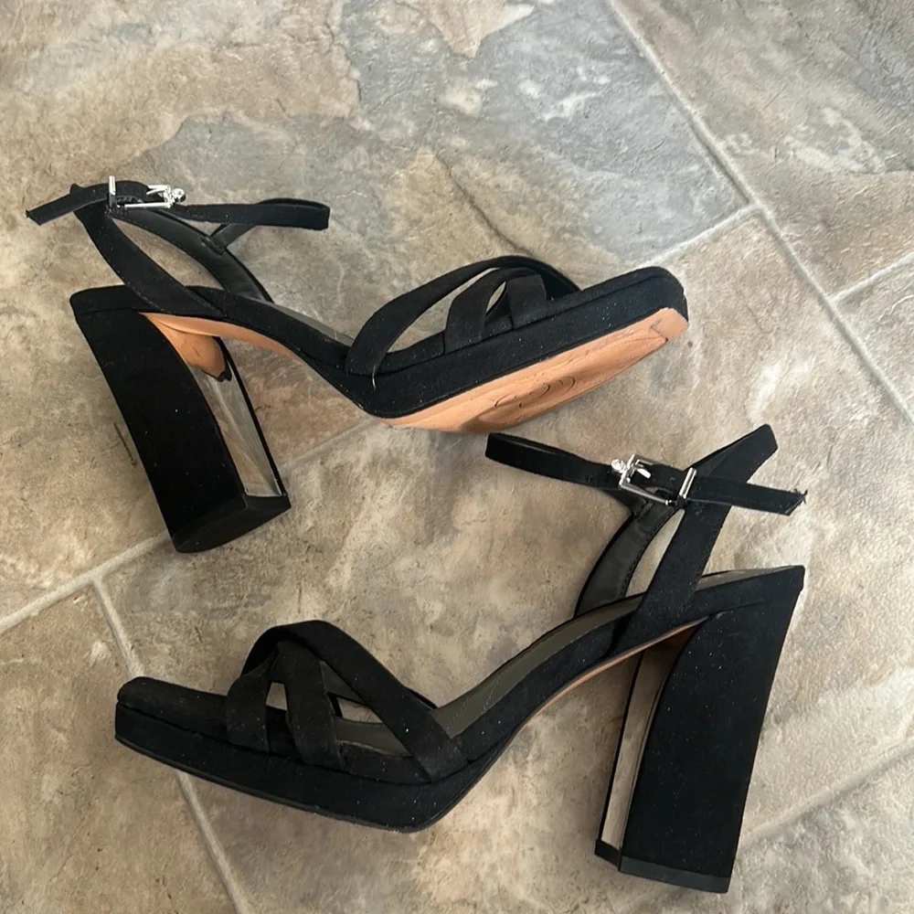 Franco Sarto Black Suede Block Damalis Sandal Heels 6.5